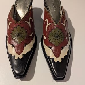 BCBGirls Red and Black Leather Mules